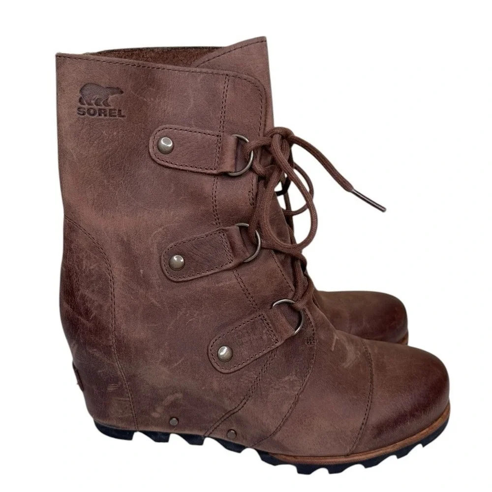 SOREL Joan Of Arctic Wedge Mid‎ Tobacco Leather Women's Size 9.5